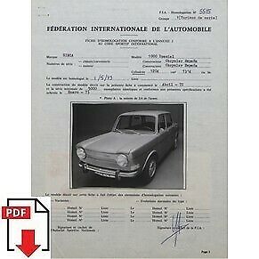 1973 Chrysler Simca 1000 Special (Spain) FIA homologation form PDF download